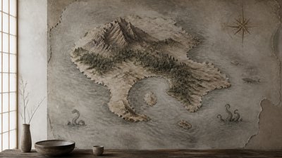 a map of an island realm with mountains, forests, a sheltered bay, sea monsters in the water and a compass rose, no text labels