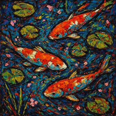 A koi pond seen from above, orange and white koi fish swimming among lily pads, clear water with subtle ripples, fallen cherry blossom petals floating on the surface, dappled sunlight