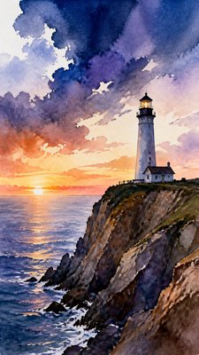 a lone lighthouse on a cliff at dusk under a dramatic sky, no text or lettering