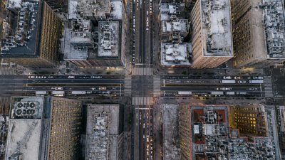 bustling city street panorama at dusk