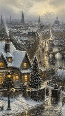 a snow-covered cottage with warm glowing windows beside a decorated pine tree, gentle snowfall, no text