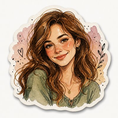 head-and-shoulders portrait of an original character: a young woman with wavy chestnut hair and a warm smile, plain soft backdrop