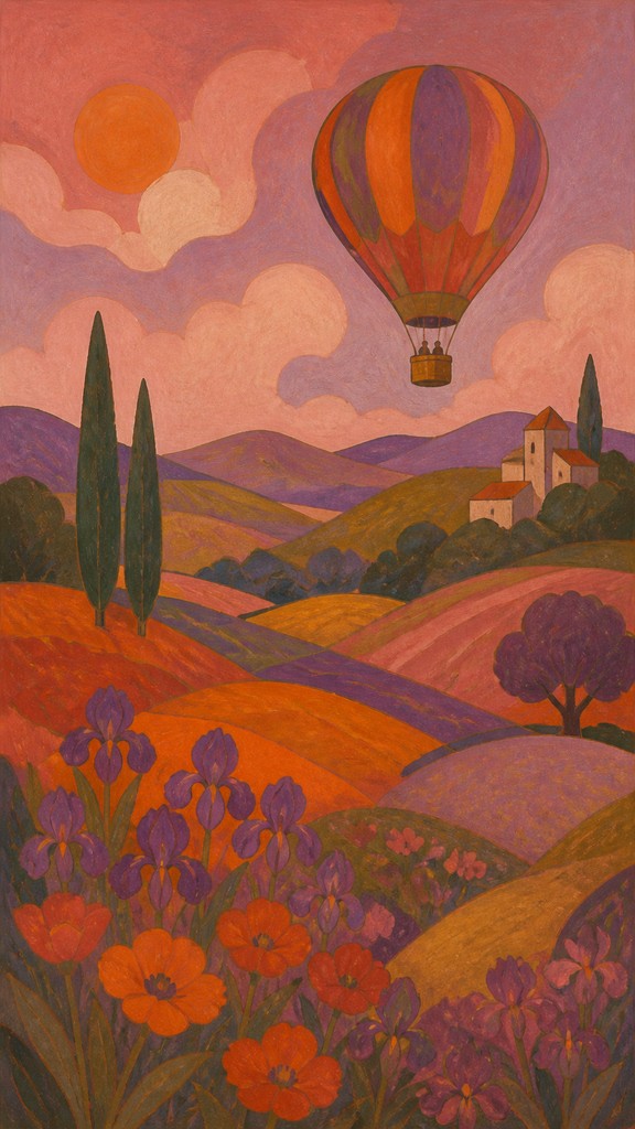 a hot air balloon drifting over rolling flower fields on a sunny day, cheerful, no text