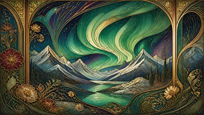 a flowing aurora over snowy peaks, wide sweeping composition, no people, no text
