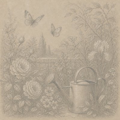 a garden scene with butterflies, flowers and a watering can, clean uncolored line art, no text