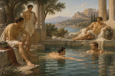 ancient greek athletes swim and relax near a pond