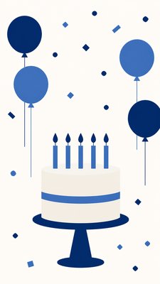 a birthday cake with lit candles surrounded by balloons and confetti, festive vertical composition, no text