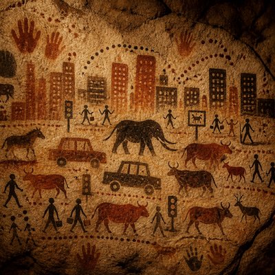 urban street with city activity — Prehistoric Cave Art Style