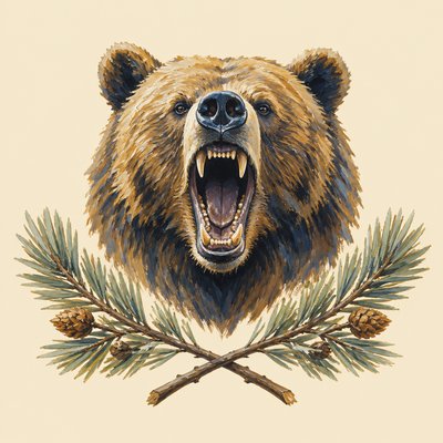 a roaring bear head above crossed pine branches, bold graphic composition on a plain background, no text