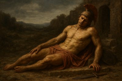 a painting of a man sitting on the ground