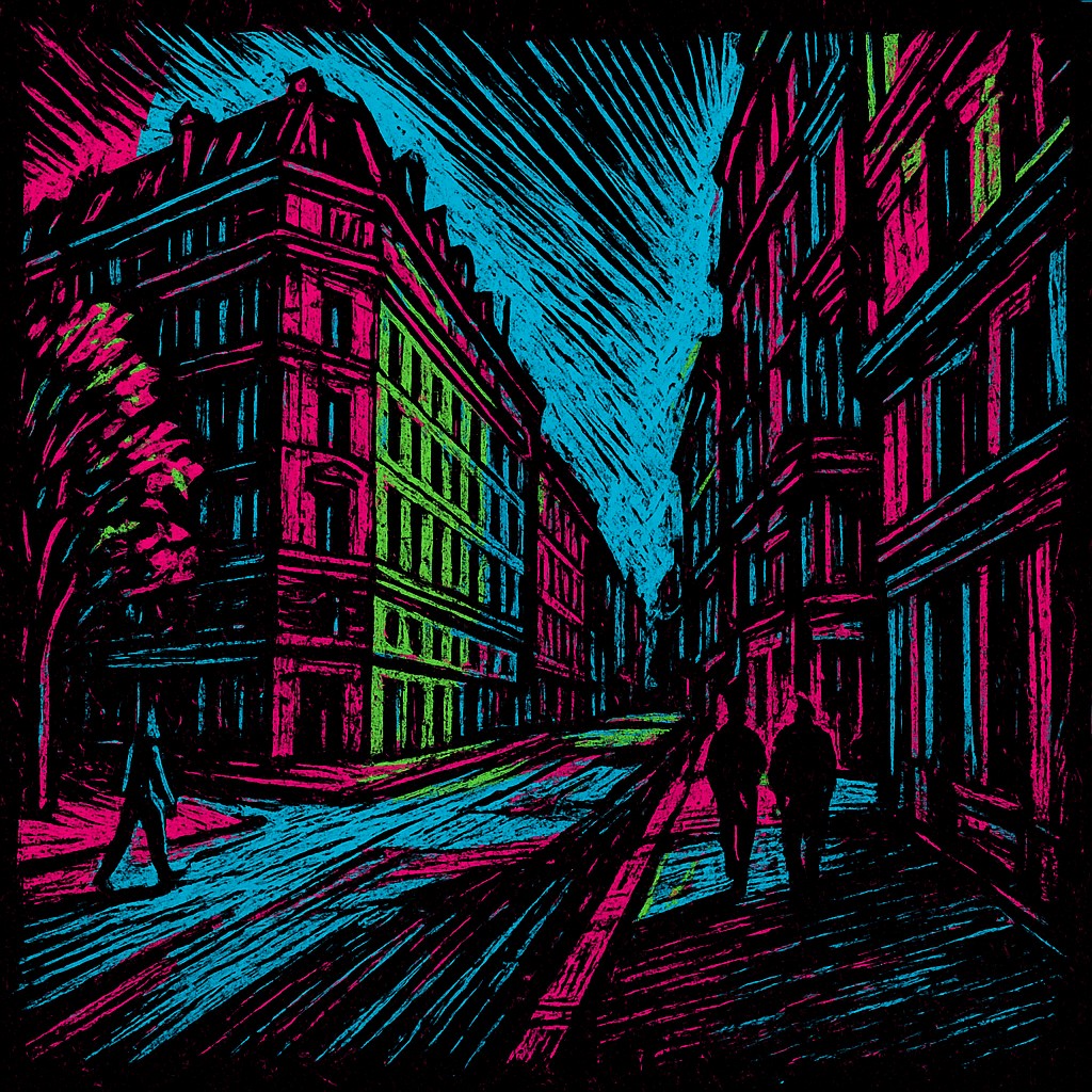 Neon Noir Woodcut Style Transfer Example