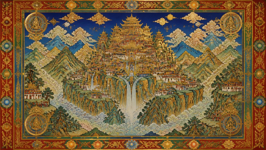 a cliffside city with waterfalls cascading into a misty canyon, wide establishing shot, no people, no text