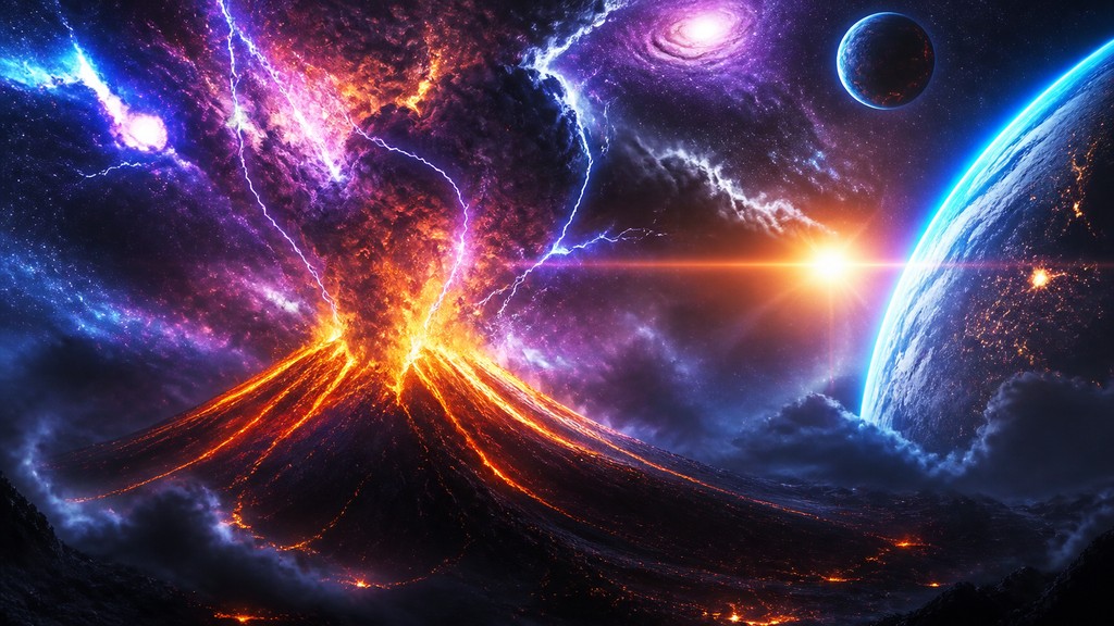 an erupting volcano with lightning strikes, dramatic wide composition, no text