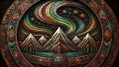 a flowing aurora over snowy peaks, wide sweeping composition, no people, no text