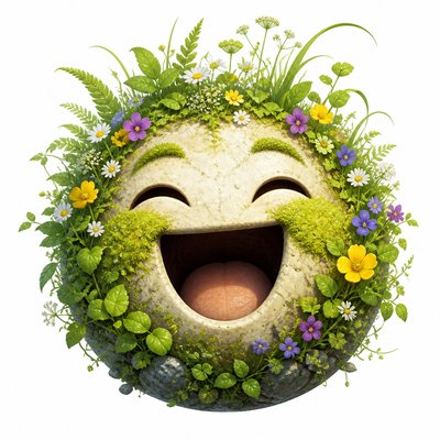an exaggerated laughing face of an original round mascot character, bold and readable at small size, plain background, no text