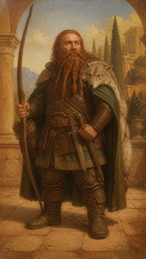 full-body original character: a dwarven ranger with a braided auburn beard, worn leather armor, a longbow and a wolf-pelt cloak, neutral background, no text