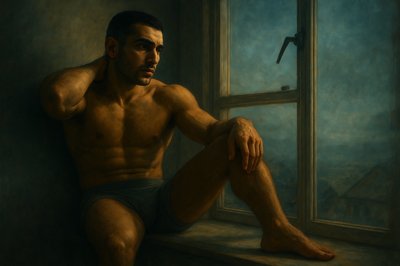 a painting of a man sitting on a window sill