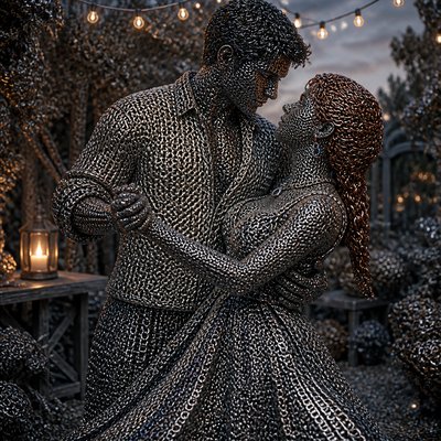an original couple dancing under string lights in a garden at dusk: a man with short black hair in a linen shirt and a woman with braided red hair in a summer dress