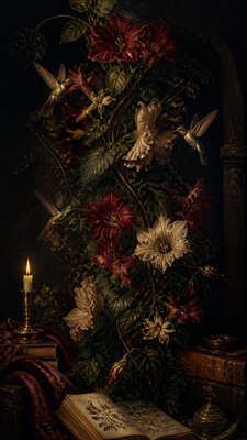 a climbing vine of flowers and hummingbirds on a dark background, tall wrapping composition, no text