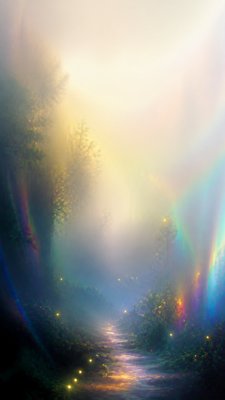 a mysterious forest path with fireflies and drifting mist, atmospheric vertical composition with open space at the top, no text