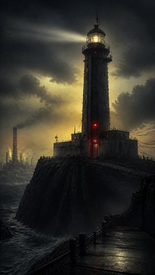 a lone lighthouse on a cliff at dusk under a dramatic sky, no text or lettering