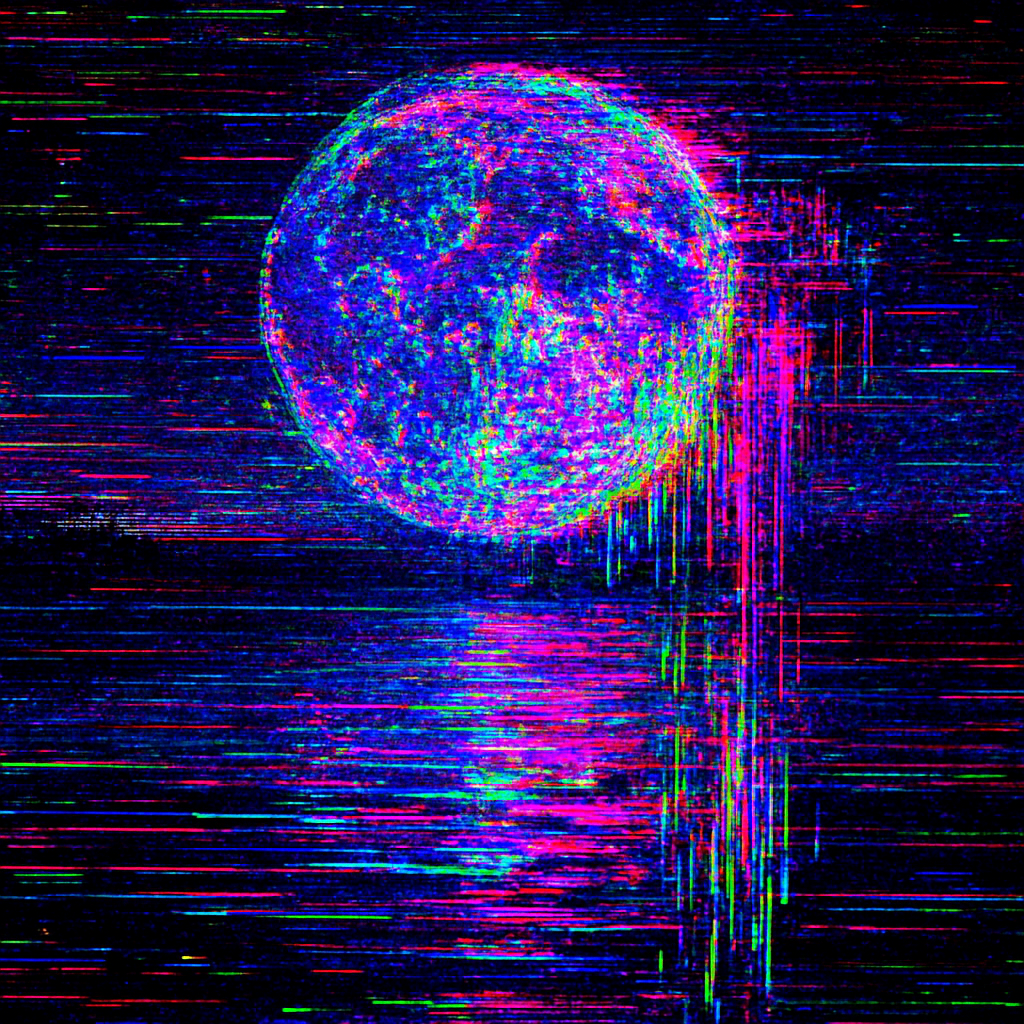 Start with a completely ordinary, even boring photograph of a full moon reflecting over a still lake.
Corrupt it until it no longer resembles its original subject at all, but still somehow feels like it’s haunted by what it used to be. Push the file through at least four different deliberate stages of destruction (e.g. heavy JPEG decay → databend in Audacity → pixel sorting by luminance → extreme RGB channel displacement and offset). Let compression artifacts bloom into impossible colors. Allow entire sections to liquefy and drip downward. Make the metadata scream. The final image should feel like a memory that’s been compressed, encrypted, lost, recovered, and compressed again for twenty years.