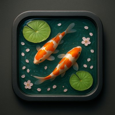 A koi pond seen from above, orange and white koi fish swimming among lily pads, clear water with subtle ripples, fallen cherry blossom petals floating on the surface, dappled sunlight