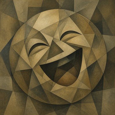 an exaggerated laughing face of an original round mascot character, bold and readable at small size, plain background, no text