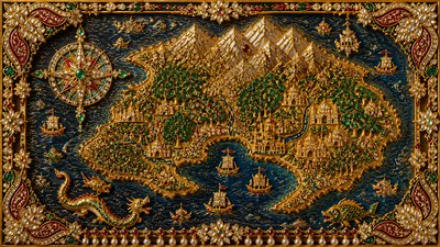 a map of an island realm with mountains, forests, a sheltered bay, sea monsters in the water and a compass rose, no text labels