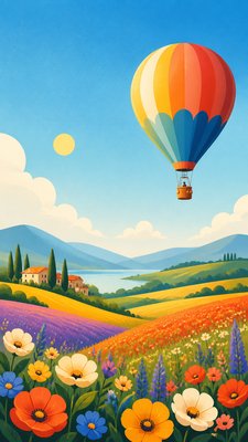 a hot air balloon drifting over rolling flower fields on a sunny day, cheerful, no text
