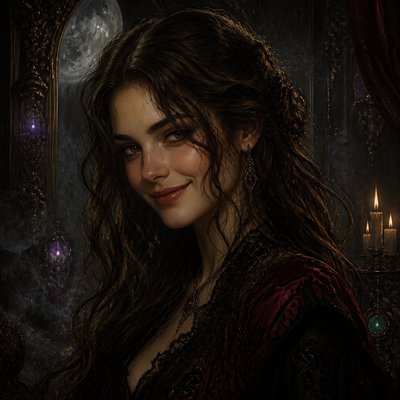 head-and-shoulders portrait of an original character: a young woman with wavy chestnut hair and a warm smile, plain soft backdrop