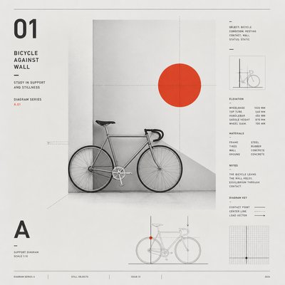 bicyle resting against a wall