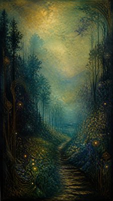 a mysterious forest path with fireflies and drifting mist, atmospheric vertical composition with open space at the top, no text