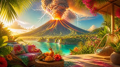an erupting volcano with lightning strikes, dramatic wide composition, no text