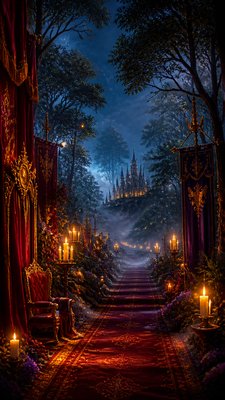 a mysterious forest path with fireflies and drifting mist, atmospheric vertical composition with open space at the top, no text