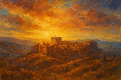 a painting of a castle on a hill