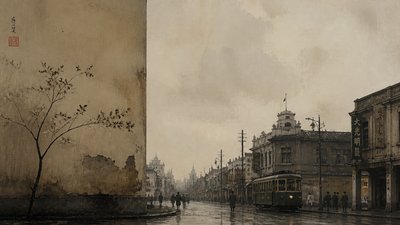 bustling city street panorama at dusk