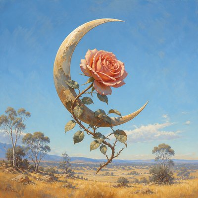 a rose entwined with a crescent moon, clean balanced composition on a plain background, no text