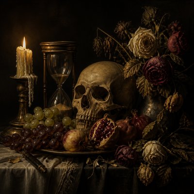 still life arrangement of fruits and flowers