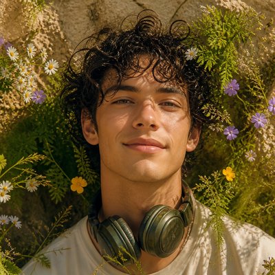 head-and-shoulders portrait of an original character: a young man with curly dark hair and headphones around his neck, plain backdrop, no text