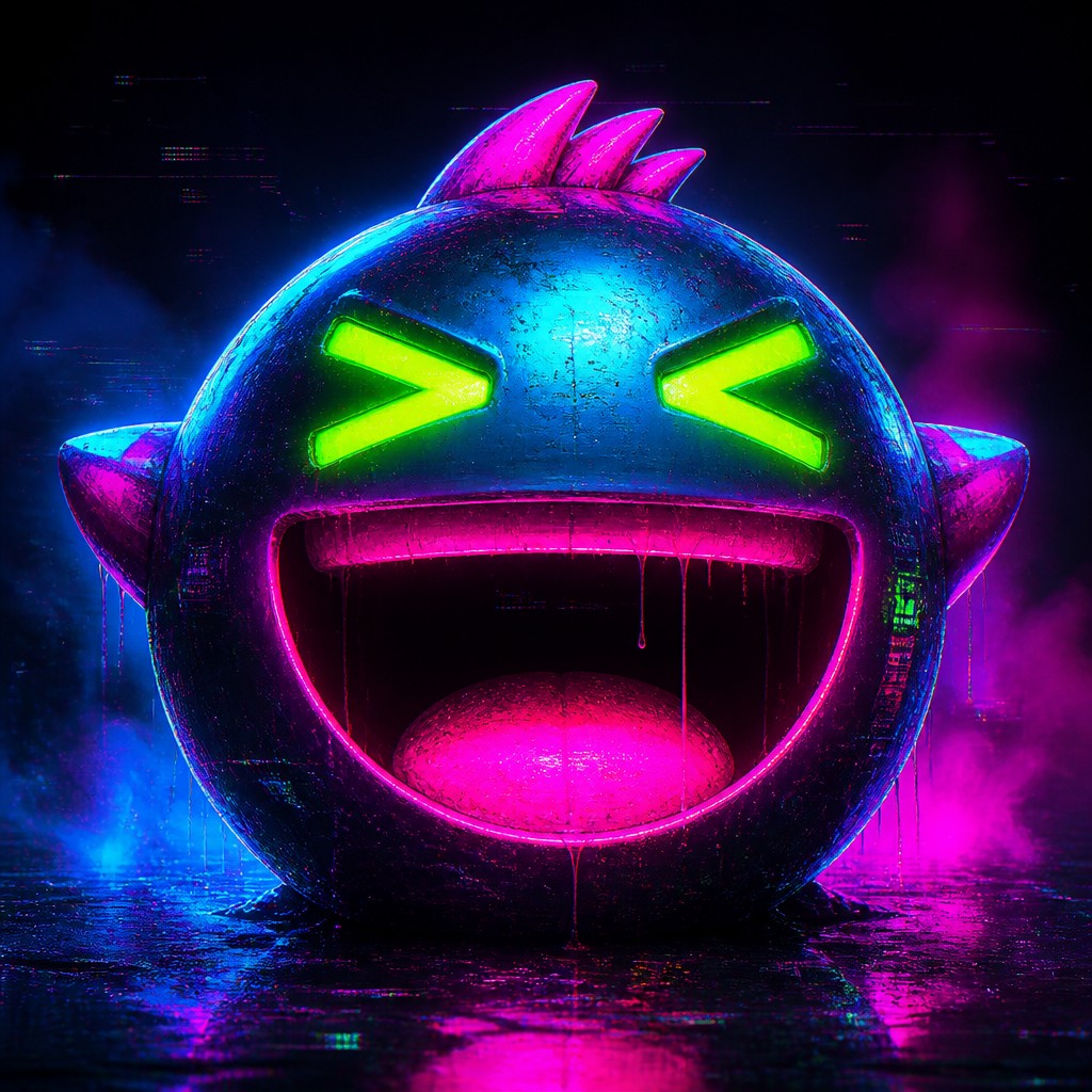 an exaggerated laughing face of an original round mascot character, bold and readable at small size, plain background, no text