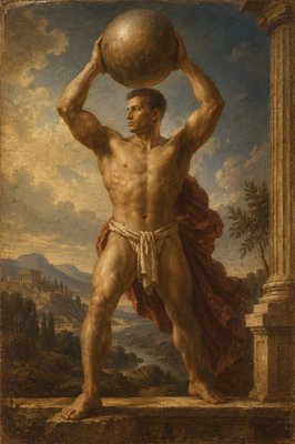a painting of a man holding a ball on his head