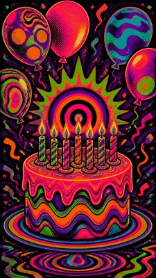 a birthday cake with lit candles surrounded by balloons and confetti, festive vertical composition, no text