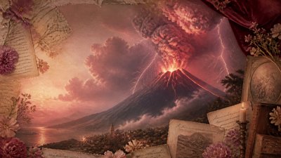 an erupting volcano with lightning strikes, dramatic wide composition, no text