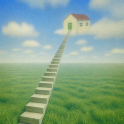 create a dreamcore asethetic image of endless ground grass and a simple house is there in sky and there is endless stair towards the house gate whole scene is endless and keep pitcure in low quality