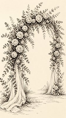 an arch of white roses and eucalyptus in soft morning light, elegant vertical composition with open space, no text