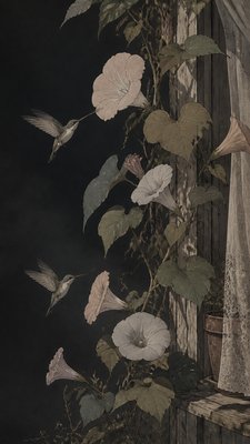 a climbing vine of flowers and hummingbirds on a dark background, tall wrapping composition, no text