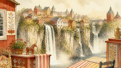 a cliffside city with waterfalls cascading into a misty canyon, wide establishing shot, no people, no text