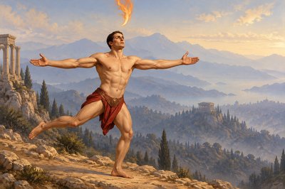 a painting of a man standing on top of a mountain