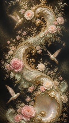 a climbing vine of flowers and hummingbirds on a dark background, tall wrapping composition, no text